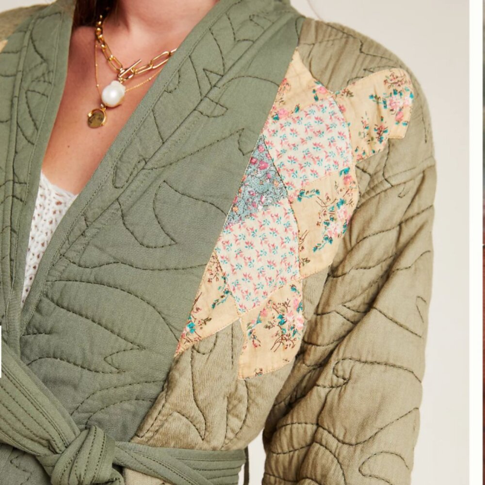 NWT ANTHROPOLOGIE Quilted Patchwork Green Kimono